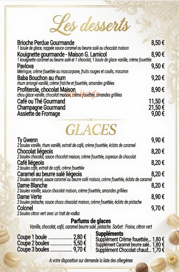 Carte et menu de Le Gwenn Ha Du à Sarzeau — Les desserts et glaces
