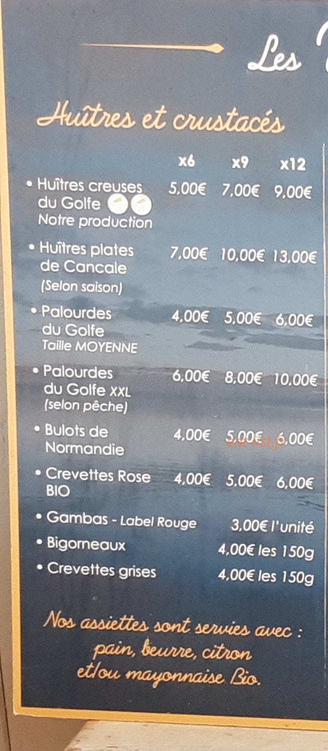 Carte et menu de Les Viviers Du Ruault à Sarzeau — Les huîtres et crustacés