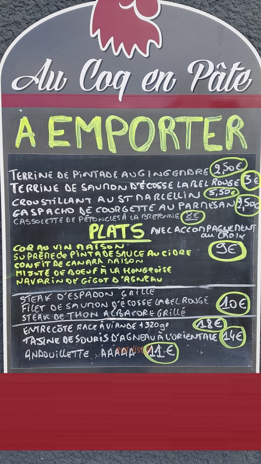 Au Coq en Pâte — carte page 1