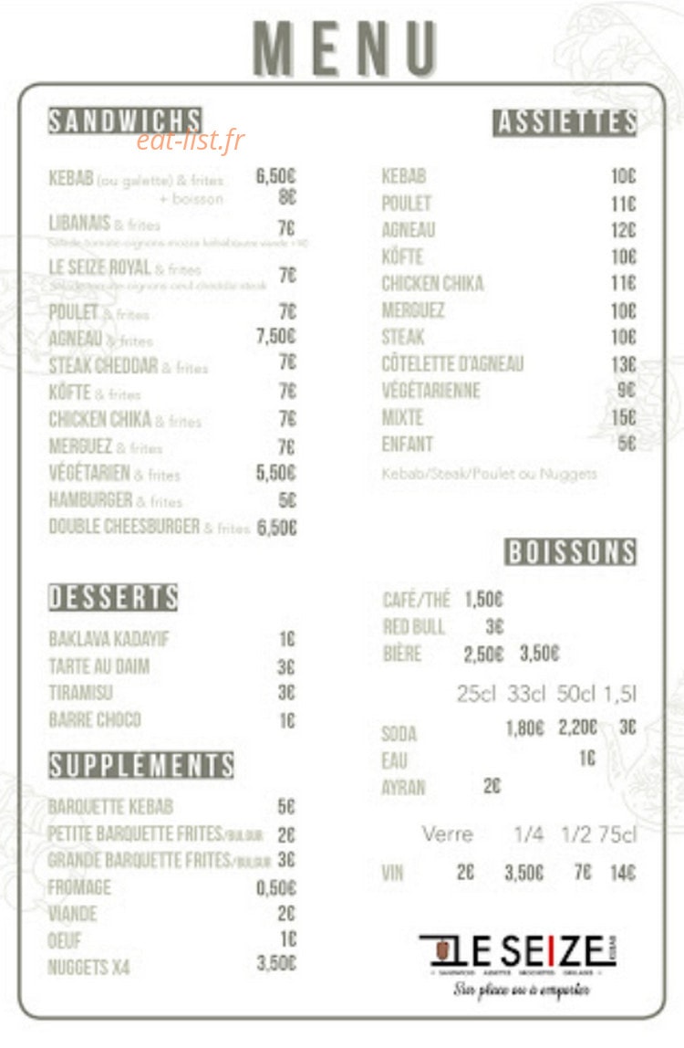Le Seize Kebab — carte page 1