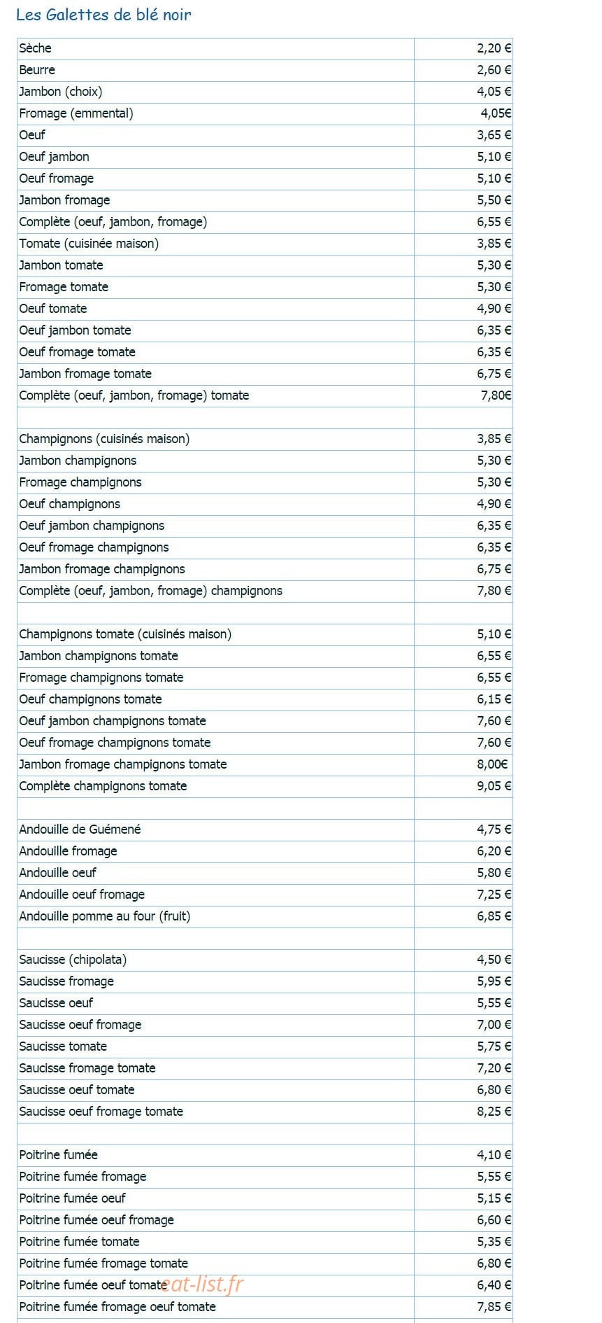 Crêperie Avel Mor — carte page 1