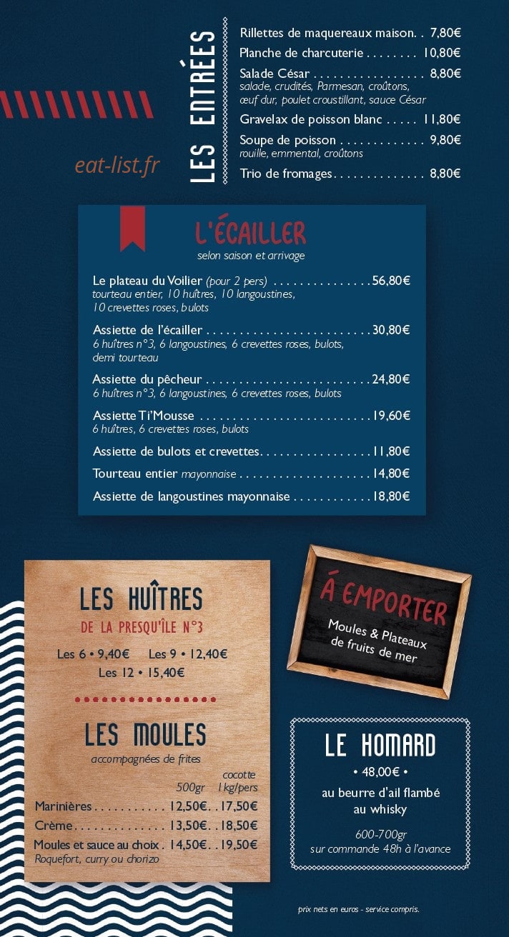 Carte et menu de Le Voilier à Arzon — Les huitres, moules et homards,...