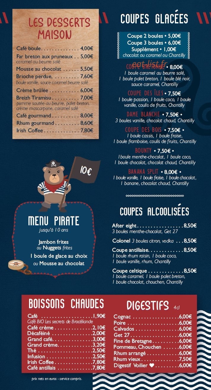Carte et menu de Le Voilier à Arzon — Les desserts, digestifs et boissons chaudes,...