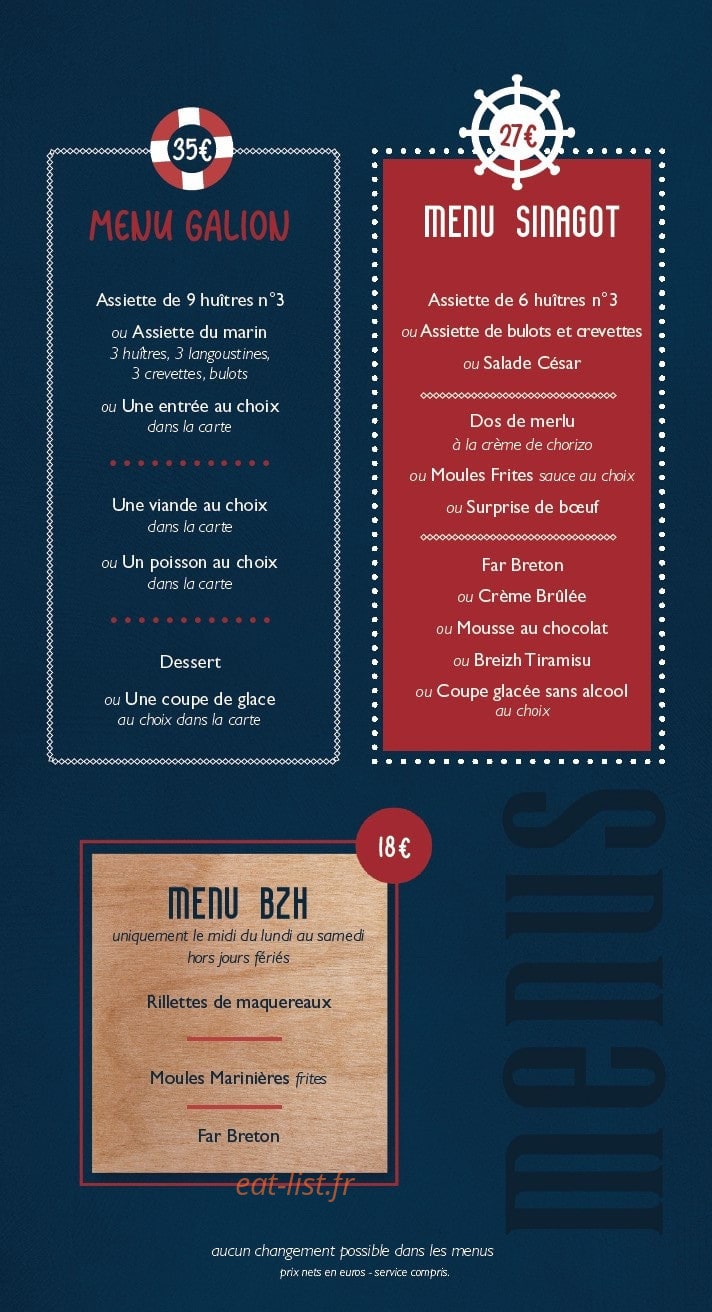 Carte et menu de Le Voilier à Arzon — Les menus