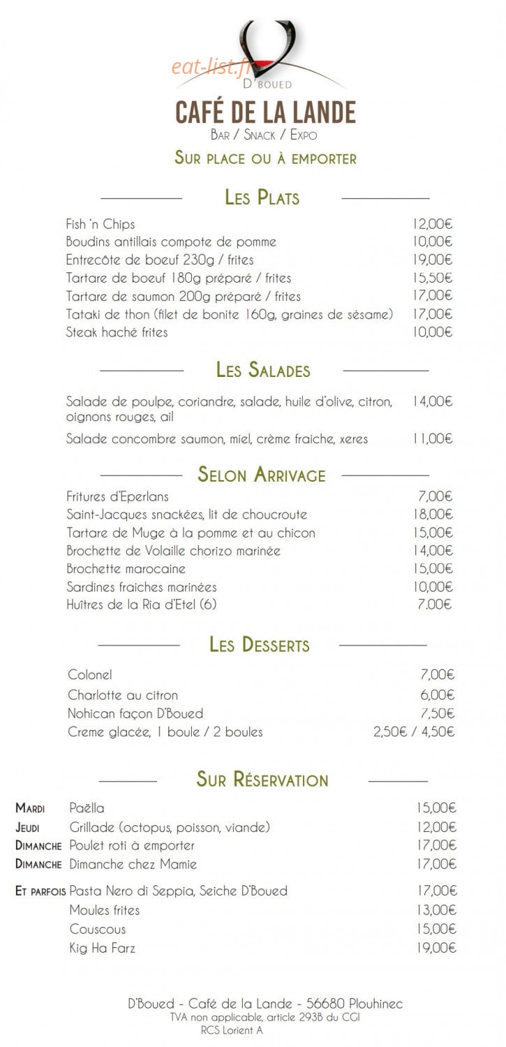 D'Boued - Café de la Lande — carte page 1