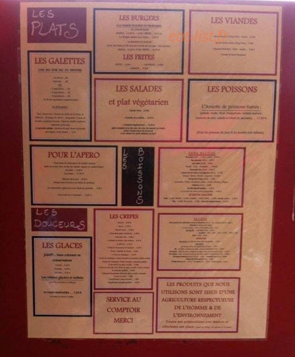 Carte et menu de La Cabane des Poissons Rouges à Saint Gildas de Rhuys — Les menus