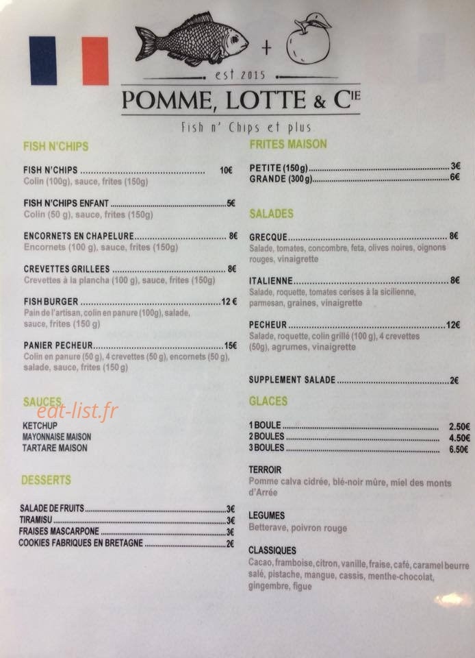 Carte et menu de Pomme, Lotte & Cie à Locmariaquer — Le fish n' burger, frites, salades...