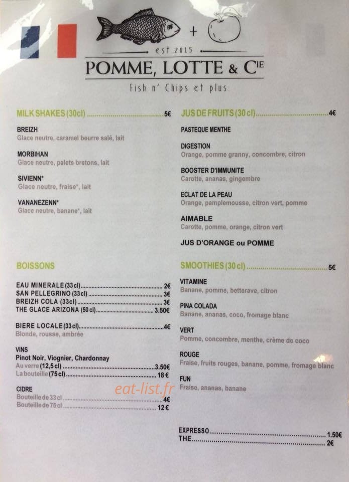 Carte et menu de Pomme, Lotte & Cie à Locmariaquer — Les milkshakes, jus de fruits, boissons et smoothies