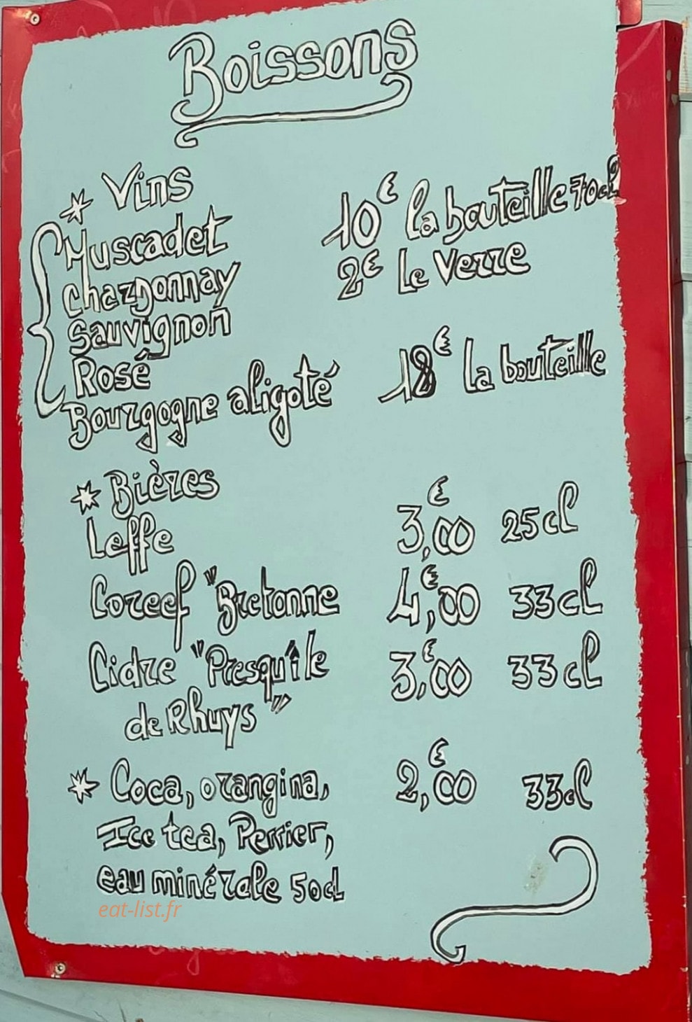Carte et menu de Chez Aurore à Damgan — Les boissons