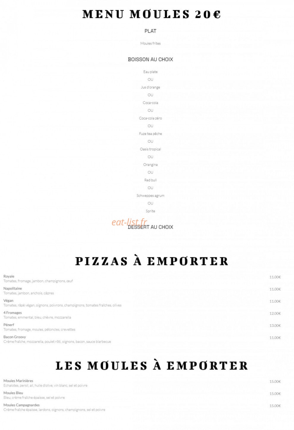 Carte et menu de Ô Saveurs de Penerf à Damgan — Les menus moules, pizzas à emporter, ...