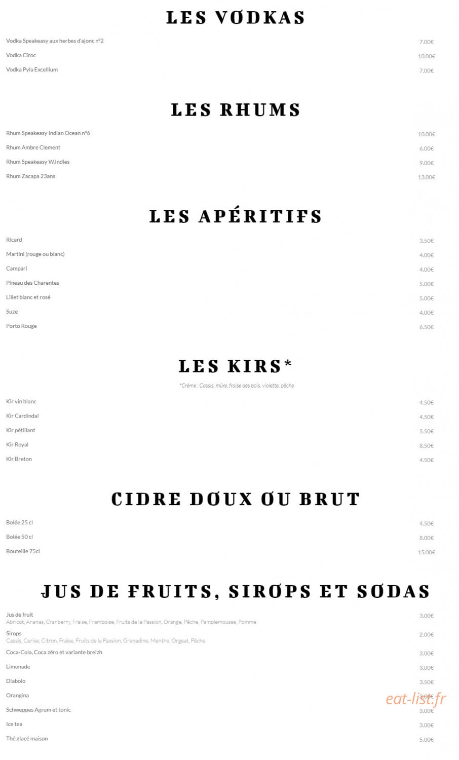 Carte et menu de Ô Saveurs de Penerf à Damgan — Les vodkas, rhums, ...