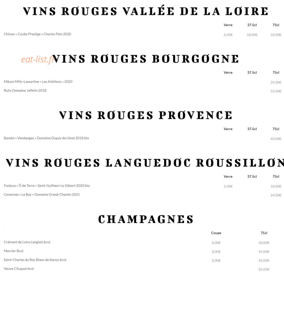 Carte et menu de Ô Saveurs de Penerf à Damgan — Les vins, champagnes