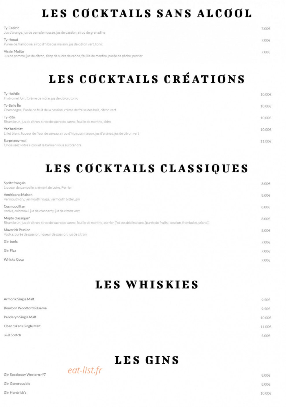 Carte et menu de Ô Saveurs de Penerf à Damgan — Les cocktails, whiskies, ...