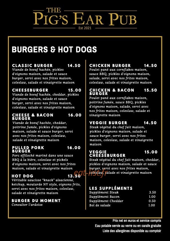 The Pig's Ear Pub — carte page 1