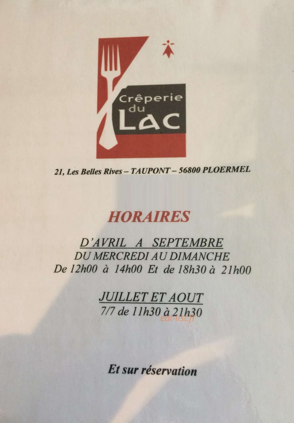 Crêperie du Lac — carte page 1