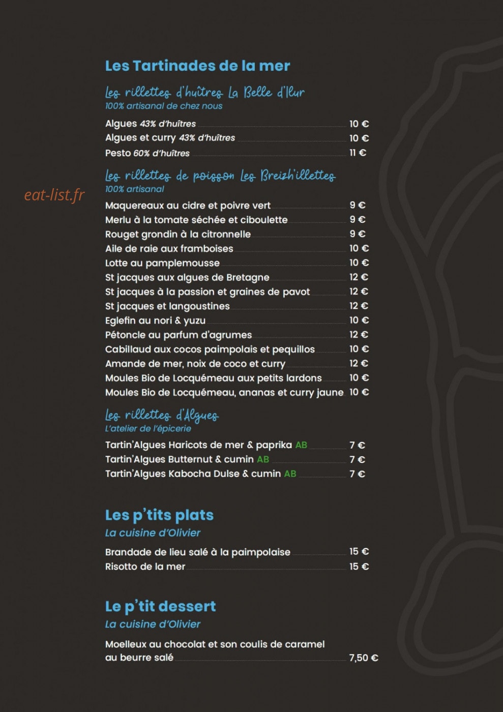 Carte et menu de La Belle d'Ilur à Sene — Les tartinades de la mer, p'tits plats, ...