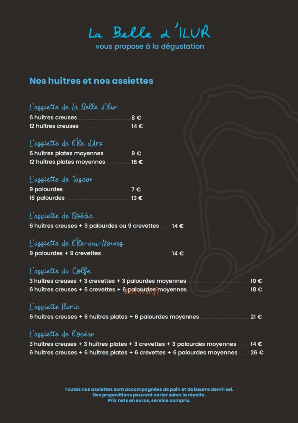 Carte et menu de La Belle d'Ilur à Sene — Les huitres, assiettes