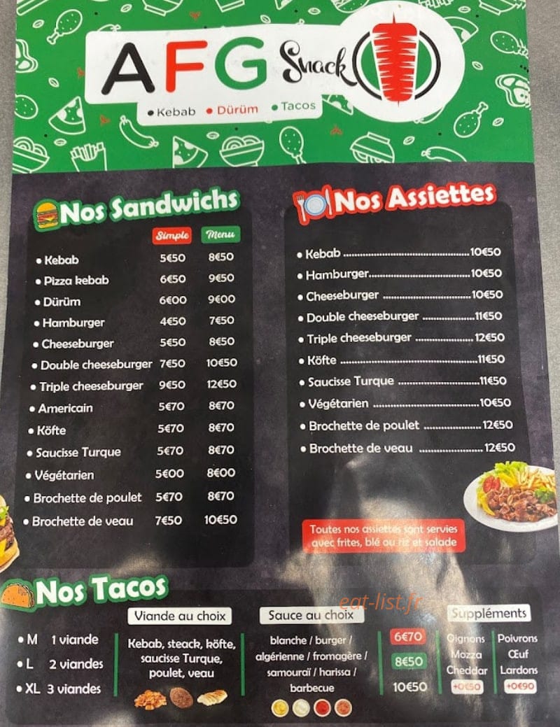 Afg Snack — carte page 1