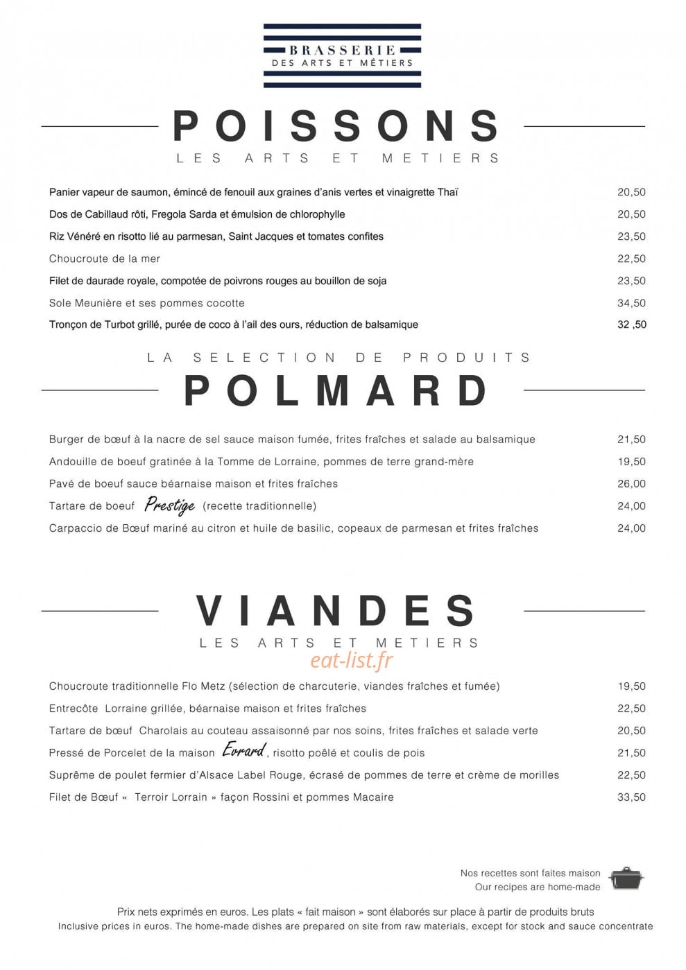 Carte et menu de Brasserie des Arts et Métiers à Metz — Les poissons, polmard et viandes