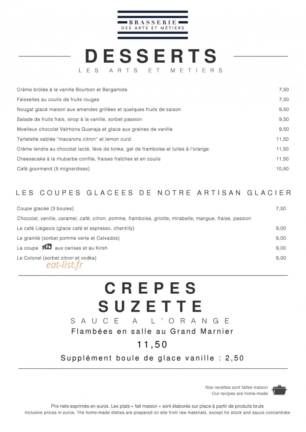 Carte et menu de Brasserie des Arts et Métiers à Metz — Les desserts et crêpes