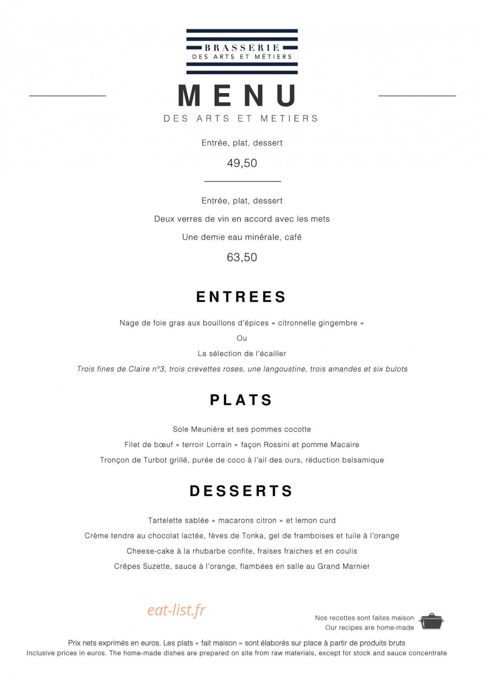 Carte et menu de Brasserie des Arts et Métiers à Metz — Les menus suites