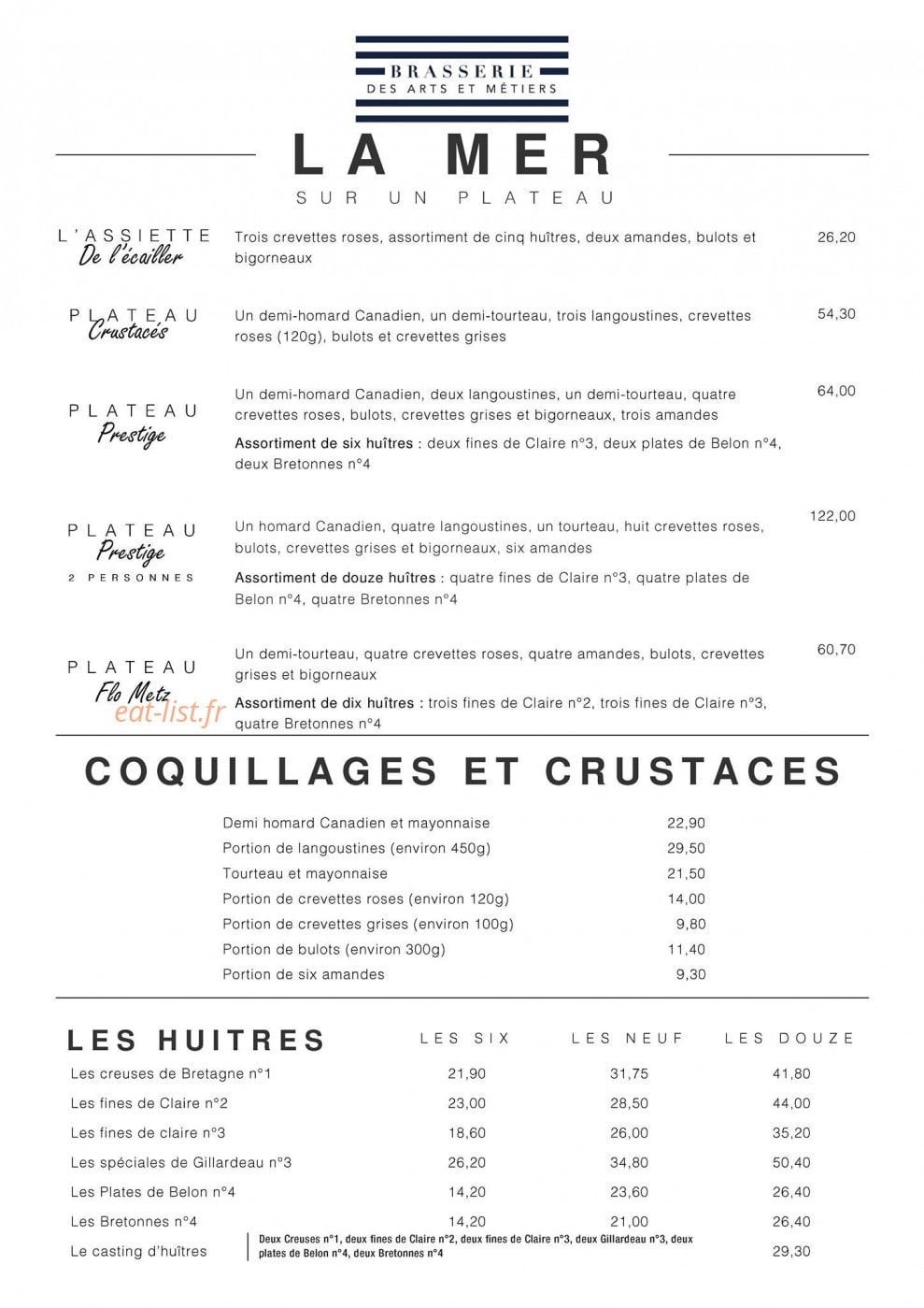 Carte et menu de Brasserie des Arts et Métiers à Metz — Les coquillages, huitres et crustaces