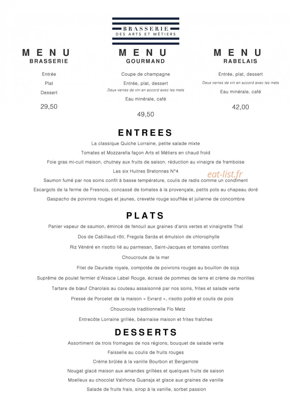 Carte et menu de Brasserie des Arts et Métiers à Metz — Les menus