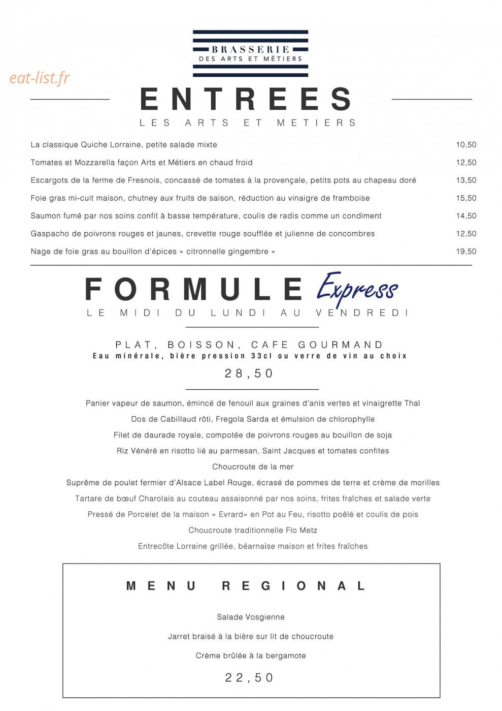 Carte et menu de Brasserie des Arts et Métiers à Metz — Les entrées et formules