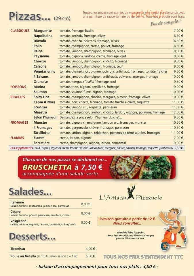 L'artisan Pizzaïolo — carte page 1