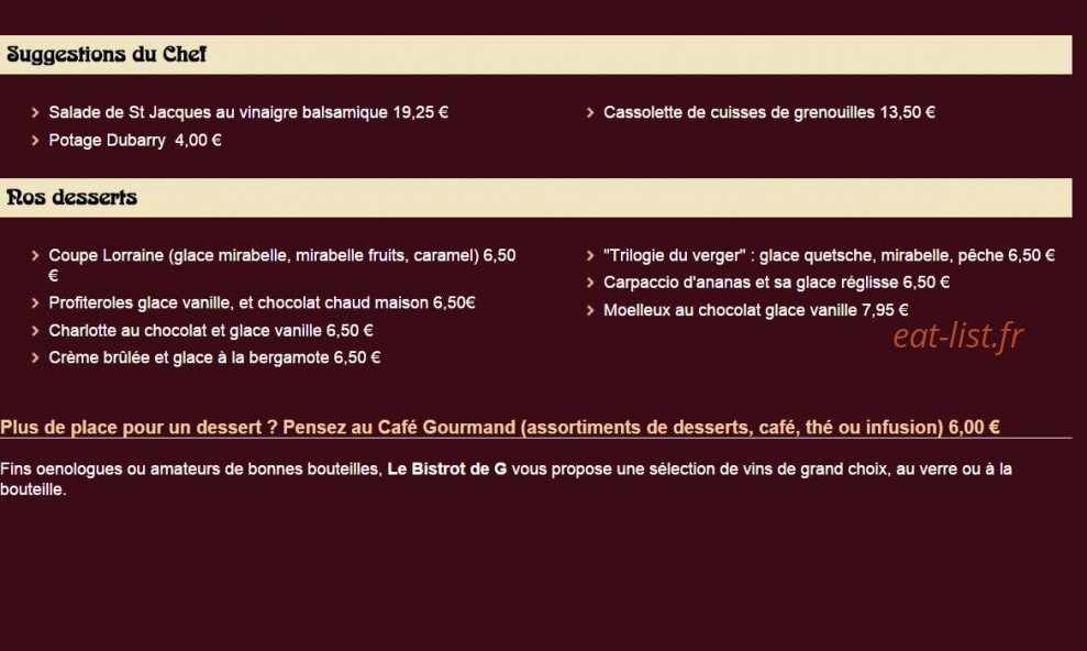Le Bistrot de G — carte page 2