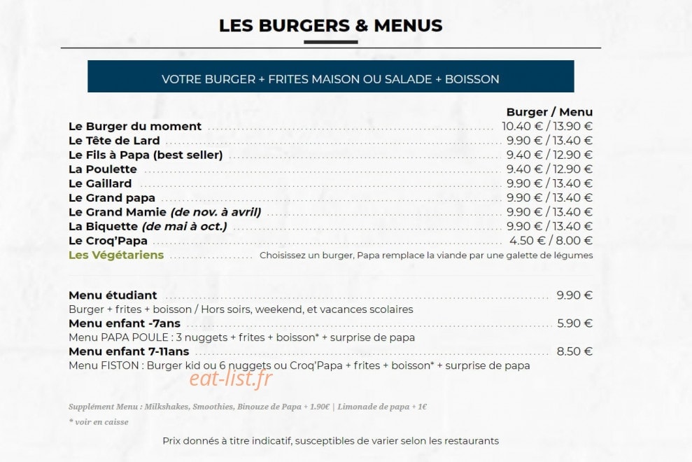 Les Burgers de Papa — carte page 2