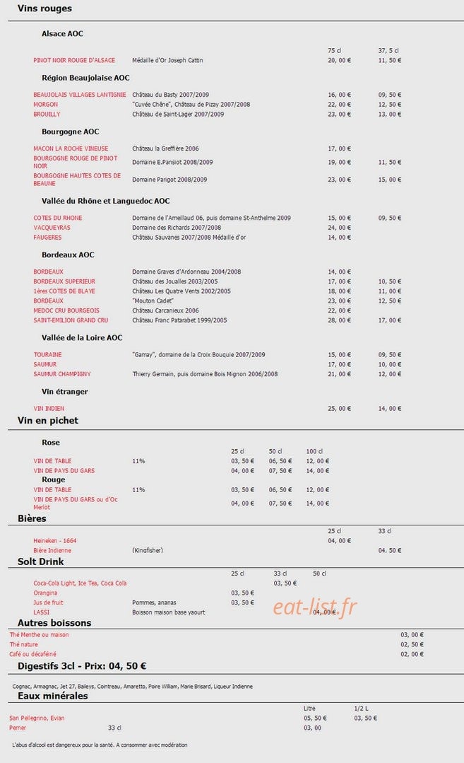 Restaurant la Vallée du Kashmir — carte page 9