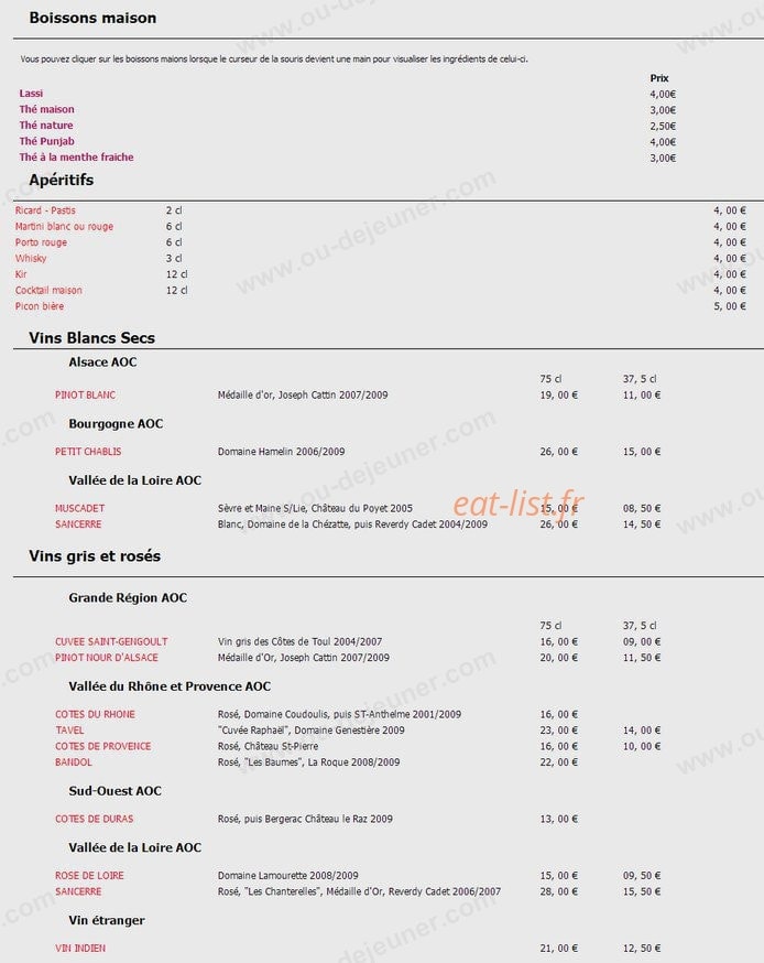 Restaurant la Vallée du Kashmir — carte page 8