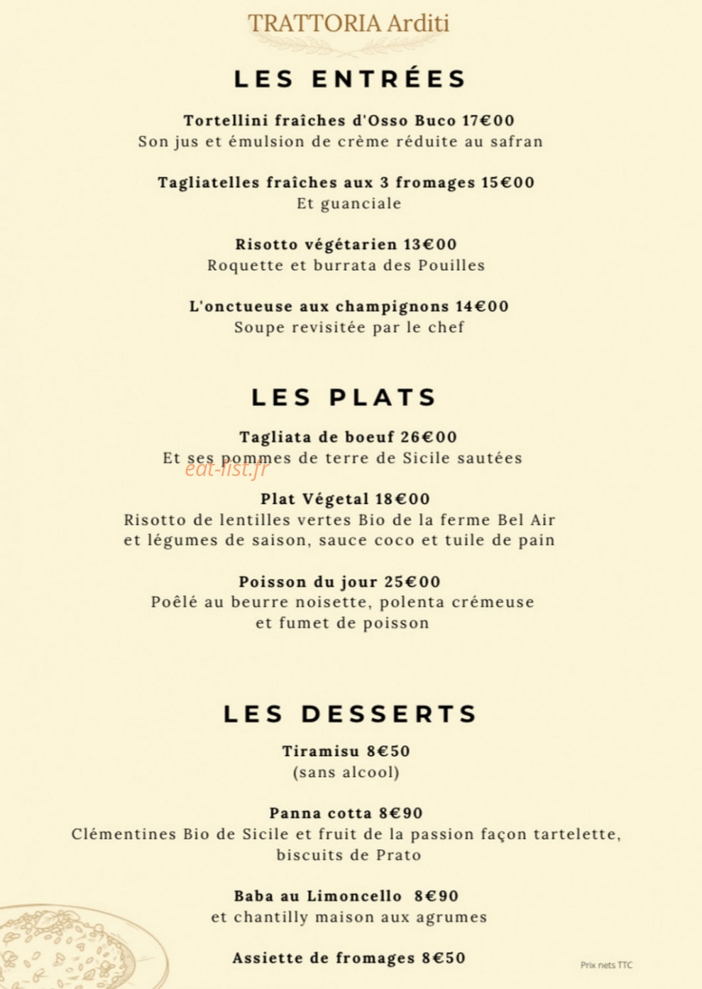 Trattoria Arditi — carte page 1