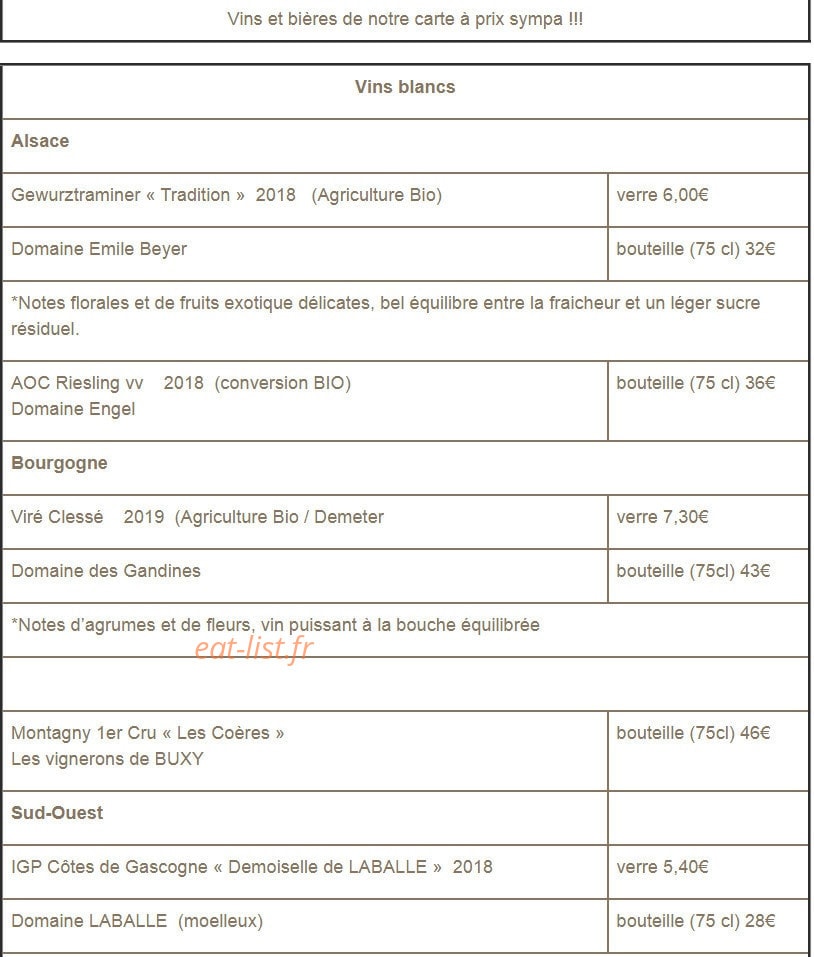 Carte et menu de Bistro des Canailles à Saint Julien les Metz — Les vins blancs