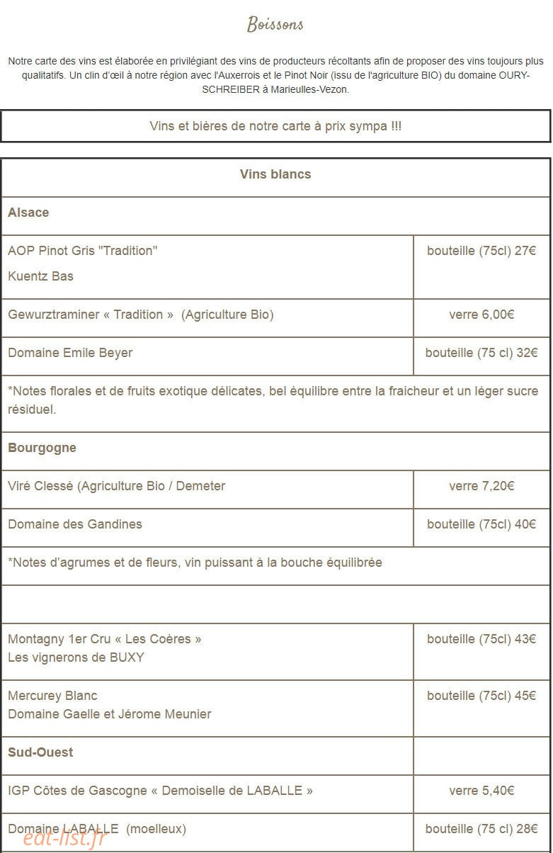 Carte et menu de Bistro des Canailles à Saint Julien les Metz — Les vins blancs