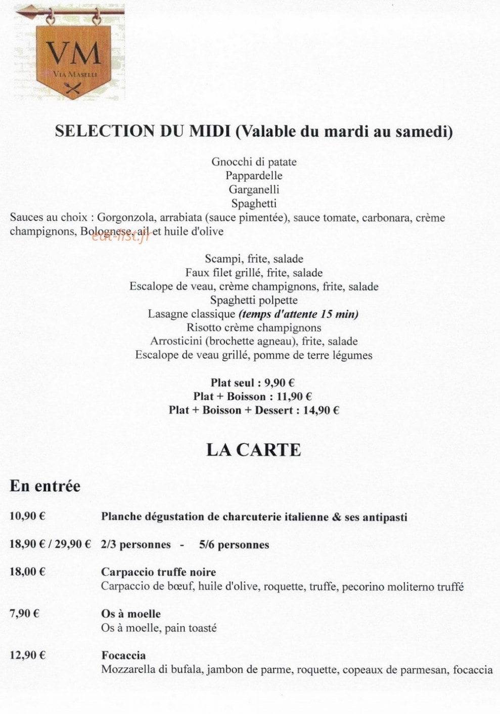 Restaurant Via Maselli — carte page 1