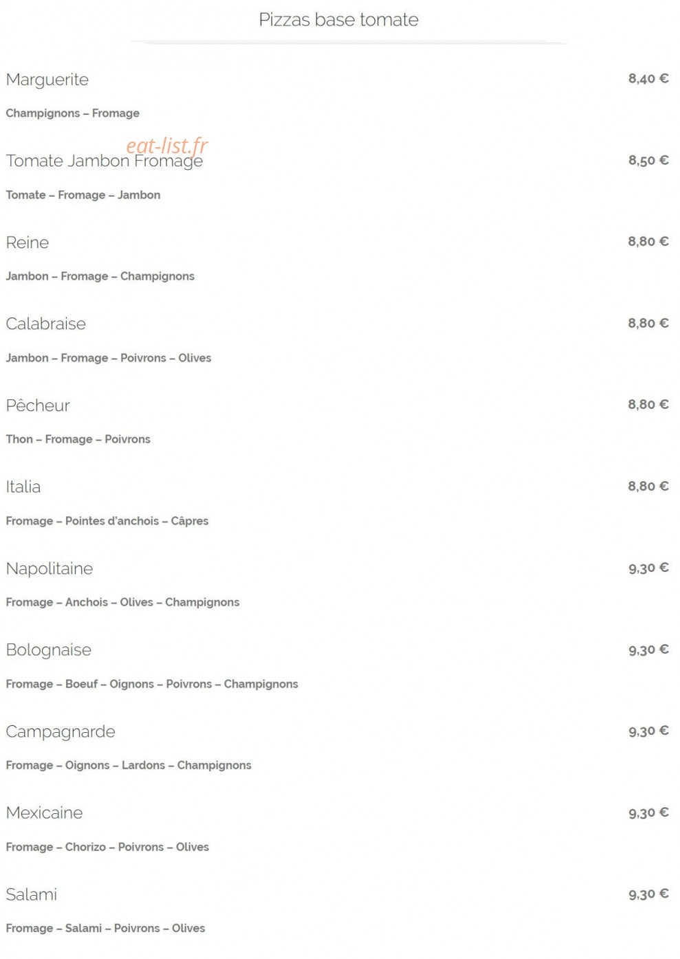 Acro Pizza — carte page 1