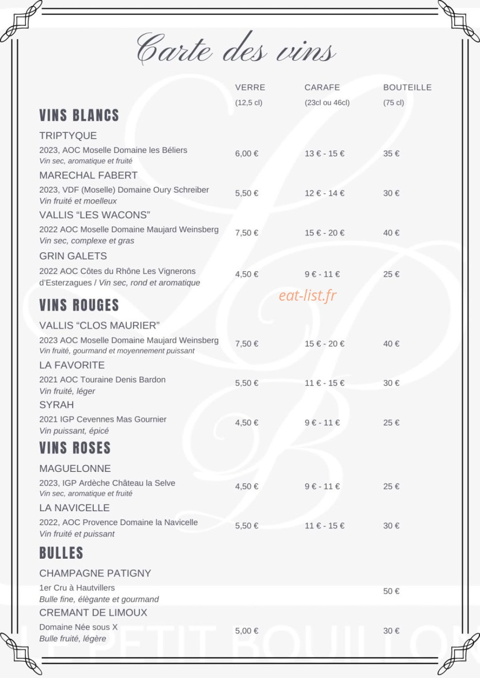 Le Petit Bouillon — carte page 9