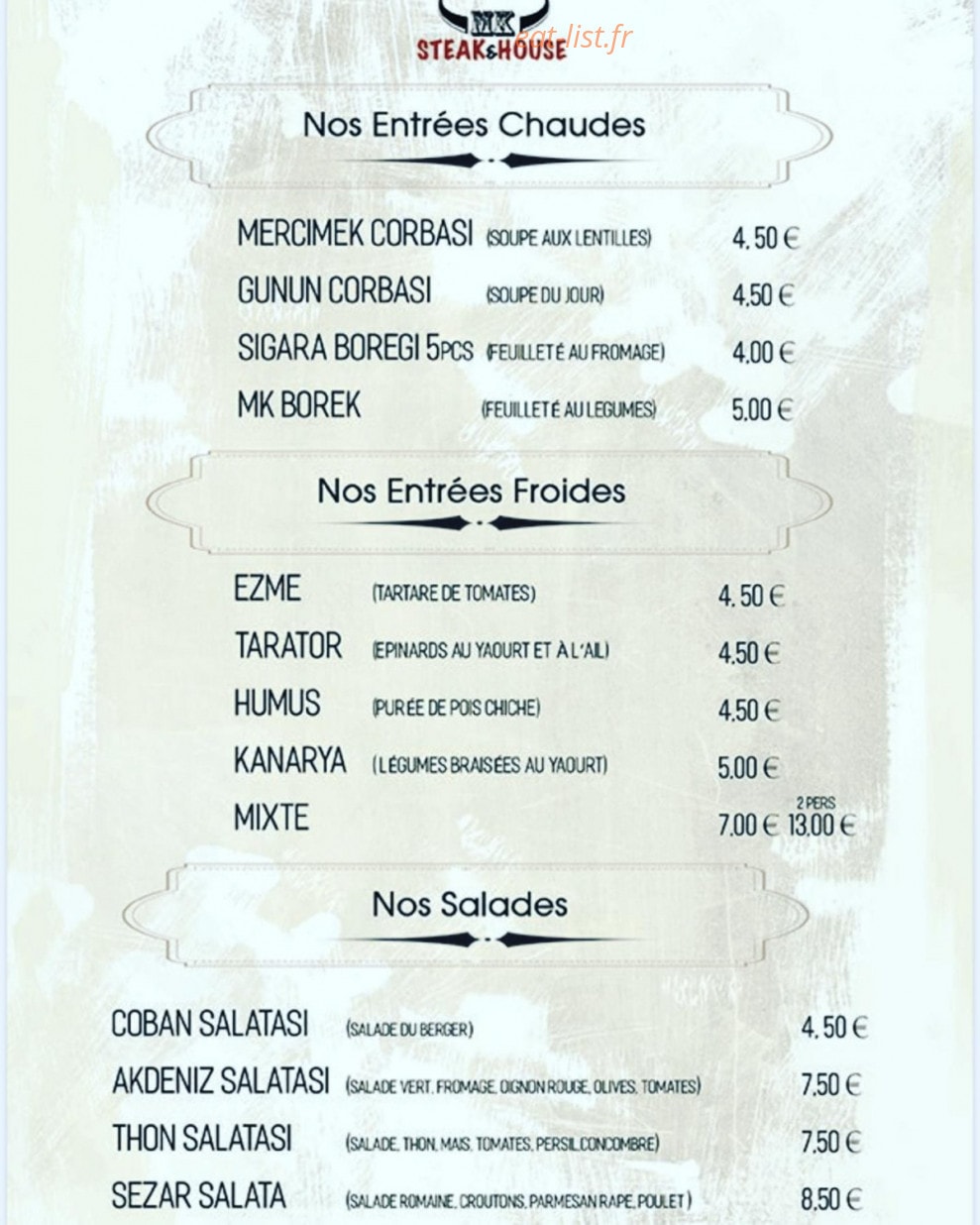 MK steakhouse — carte page 1