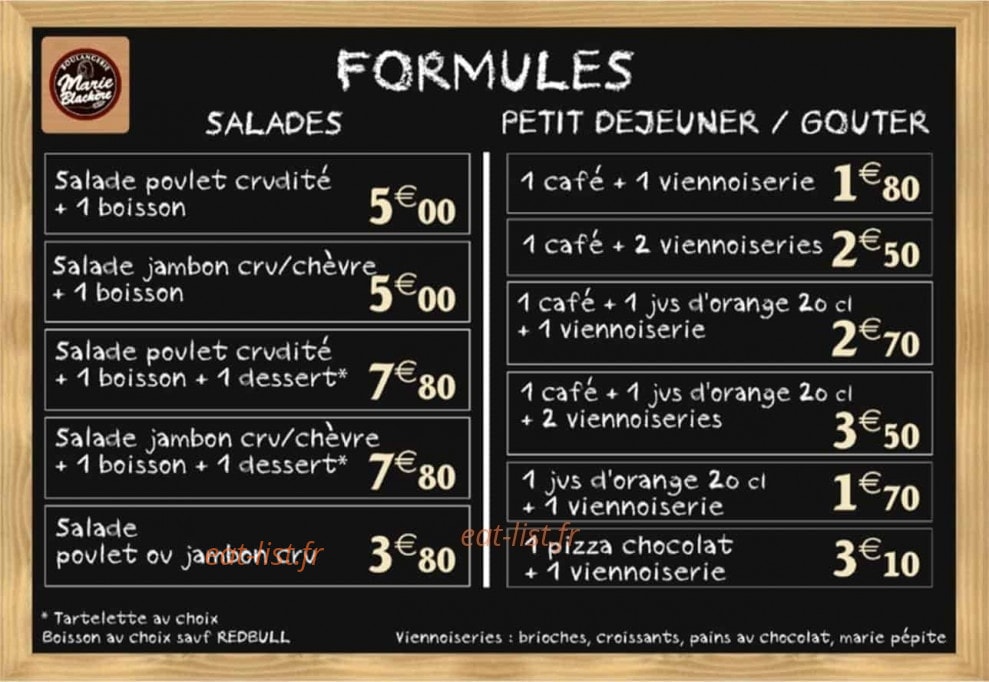 Carte et menu de Boulangerie Marie Blachère à Sainte Marie Aux Chenes — Les formules