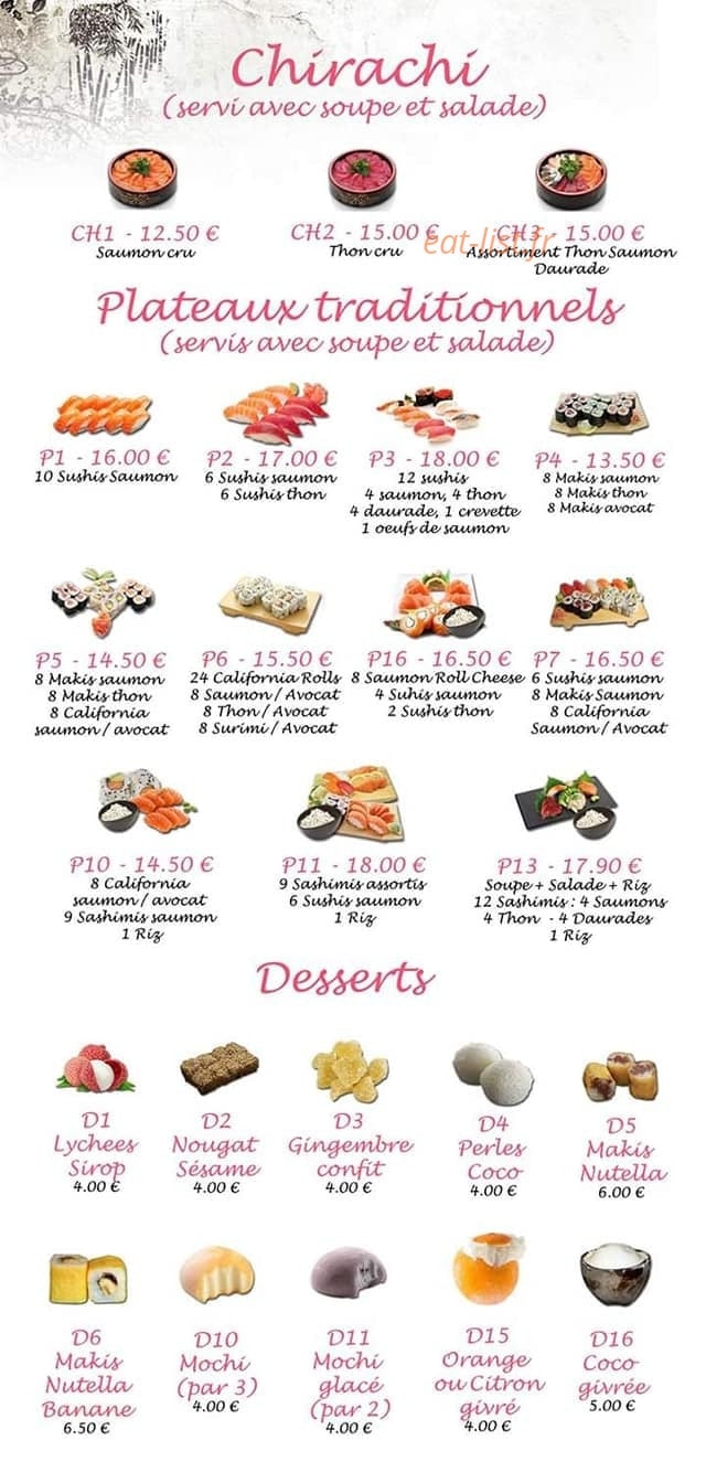 Carte et menu de France d'Asie à Sainte Marie Aux Chenes — Les chirashis, plateaux traditonnels et desserts