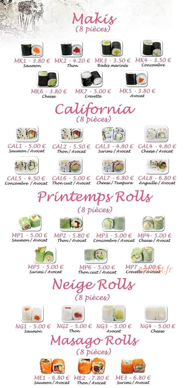 Carte et menu de France d'Asie à Sainte Marie Aux Chenes — Les makis, california, printemps rolls...