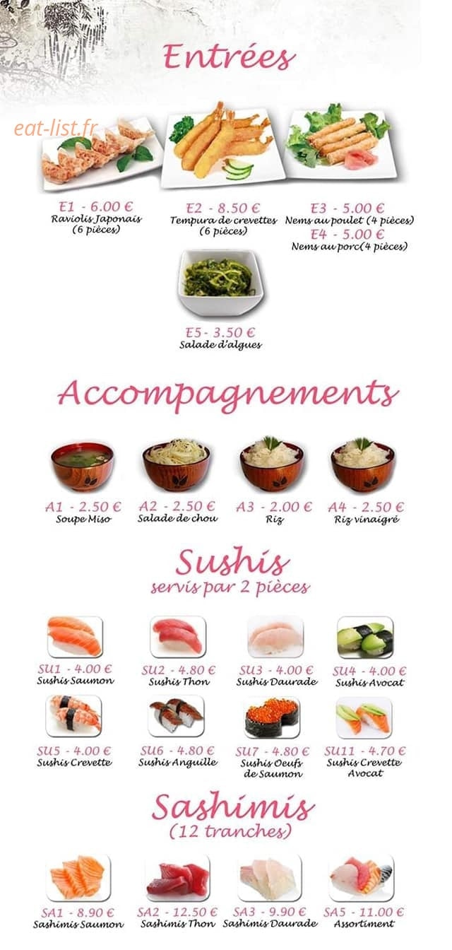 Carte et menu de France d'Asie à Sainte Marie Aux Chenes — Les entrées, accompagnements, sushis et sashimis
