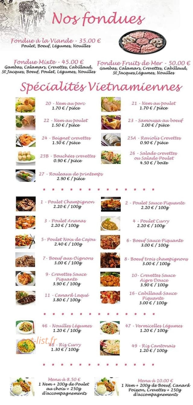 Carte et menu de France d'Asie à Sainte Marie Aux Chenes — Les fondues, spécialités vietnamiennes