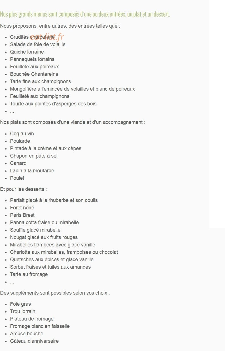 Carte et menu de Ferme-Auberge de Chantereine à Verneville — Les plats à la carte