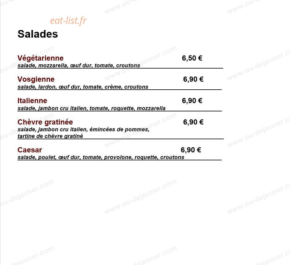 Carte et menu de Pasta in Festa à Montigny les Metz — Les salades