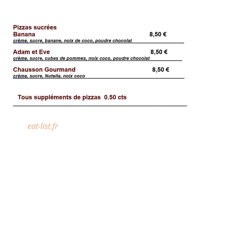 Carte et menu de Pasta in Festa à Montigny les Metz — Les pizzas sucrées