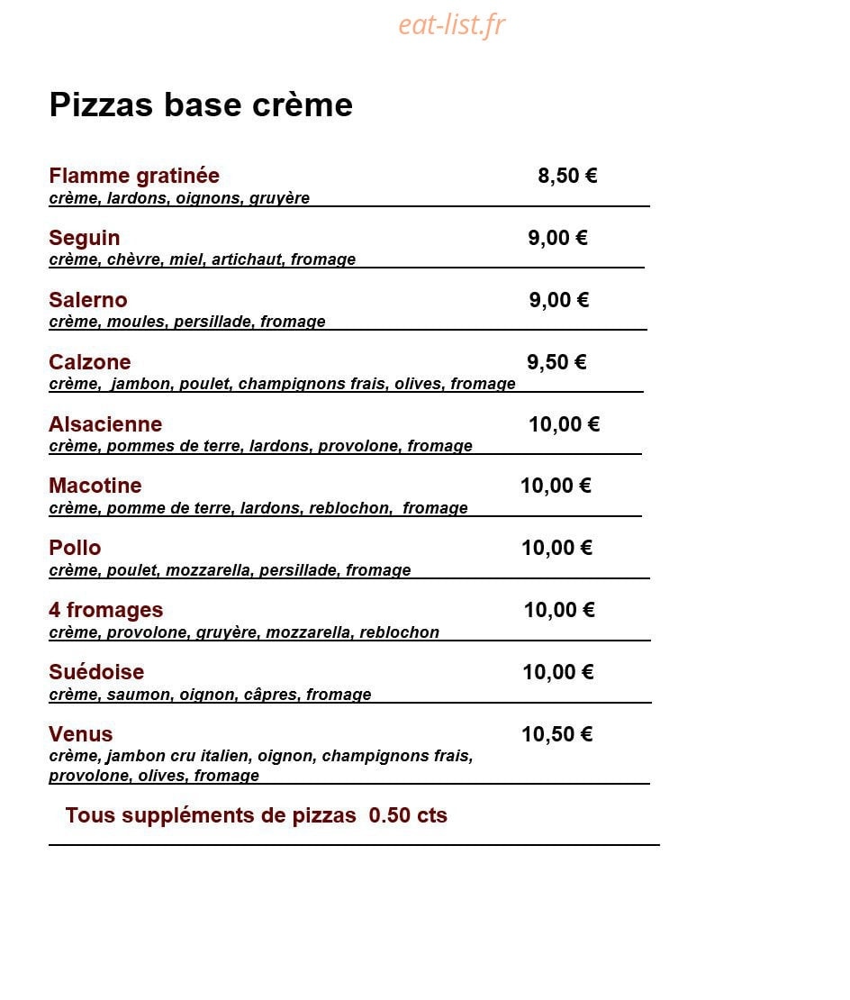 Carte et menu de Pasta in Festa à Montigny les Metz — Les pizzas base crème