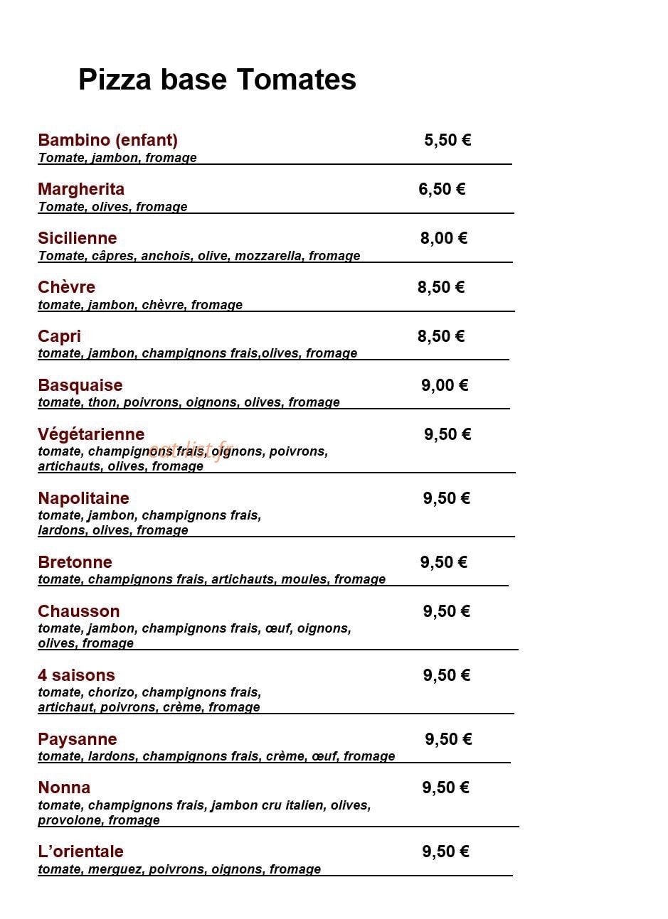 Carte et menu de Pasta in Festa à Montigny les Metz — Les pizzas base tomate